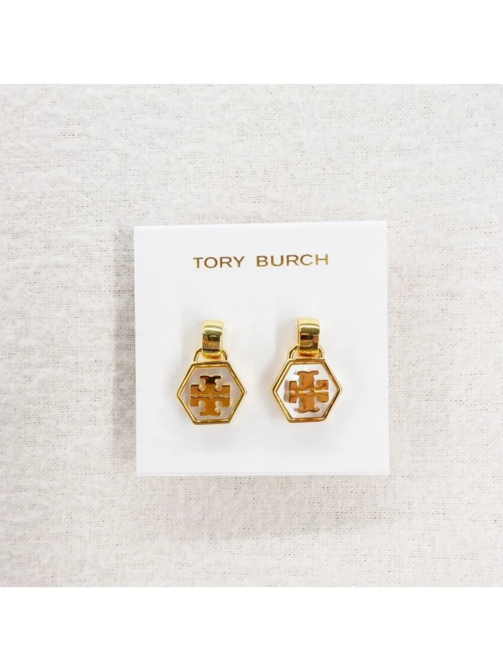 Tory Burch Mother of Pearl Geo Drop Earrings White OS